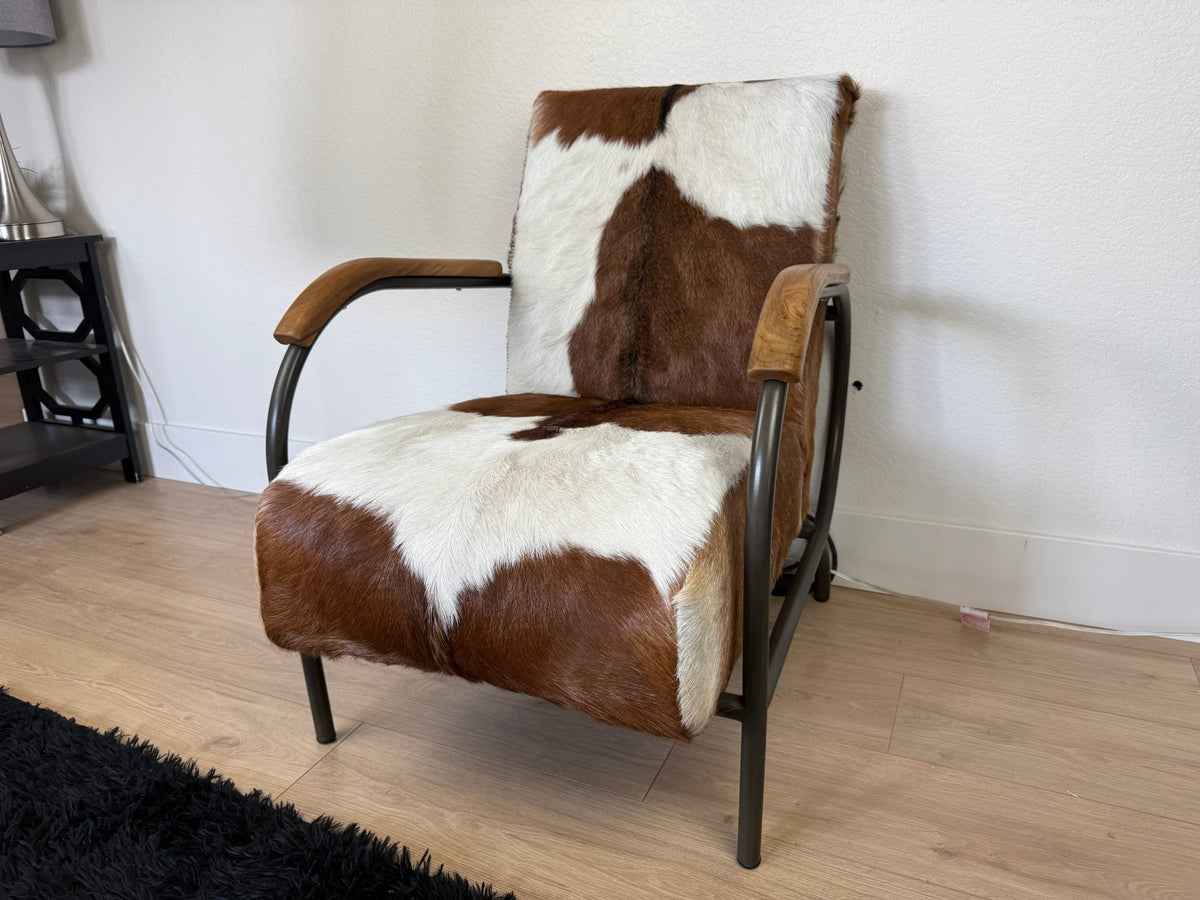 Dovetail Furniture - Jareth Iron Occasional Chair with Teak Wood Arms and Genuine Brown and White Goat Hide - Side