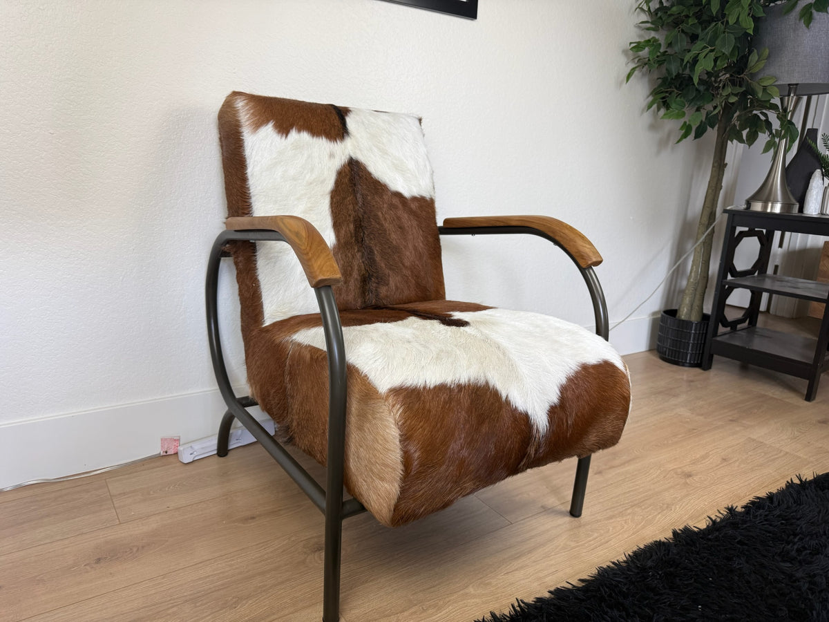 Dovetail Furniture - Jareth Iron Occasional Chair with Teak Wood Arms and Genuine Brown and White Goat Hide - Left Side