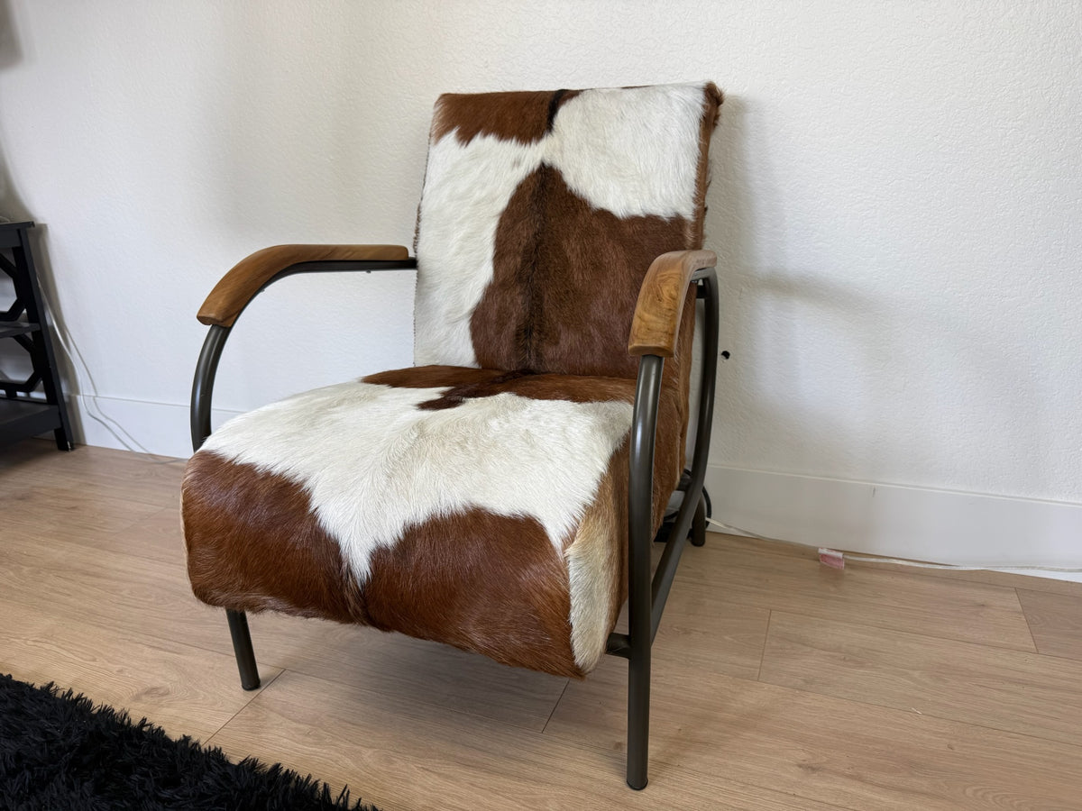 Dovetail Furniture - Jareth Iron Occasional Chair with Teak Wood Arms and Genuine Brown and White Goat Hide - Right Side