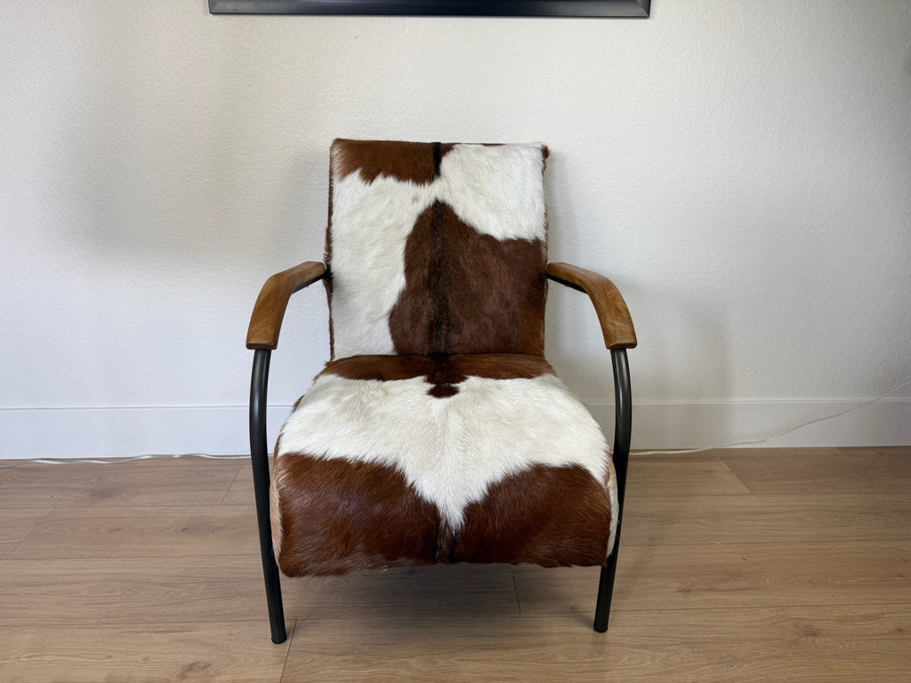 Dovetail Furniture - Jareth Iron Occasional Chair with Teak Wood Arms and Genuine Brown and White Goat Hide - Front